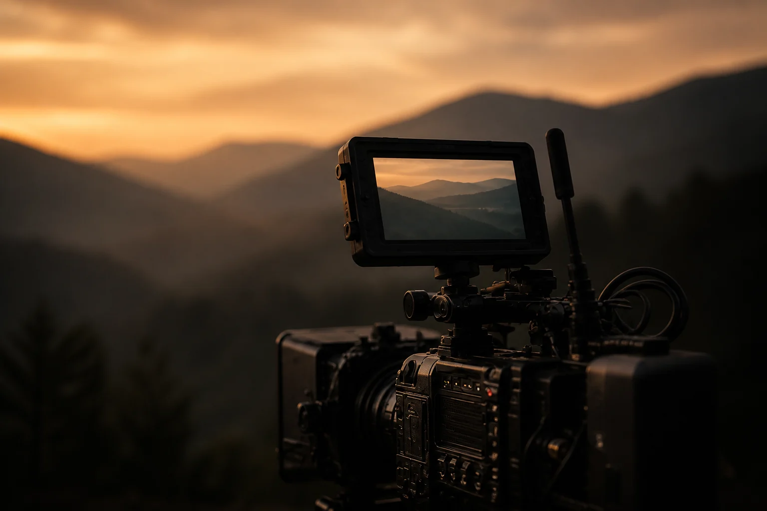Profesjonalna kamera filmowa rejestrująca górski krajobraz o zachodzie słońca